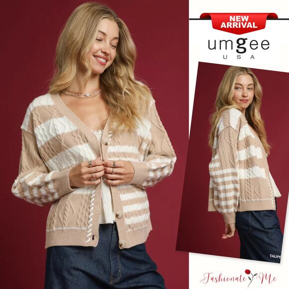 Umgee Stripe Pattern Button-Up Long Sleeves Relaxed Cable Knit Cardigan | Taupe - Picture 1 of 7